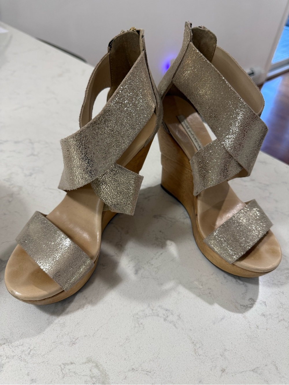 Diane Von Furstenberg Metallic Gold Strappy Wedge Sandals